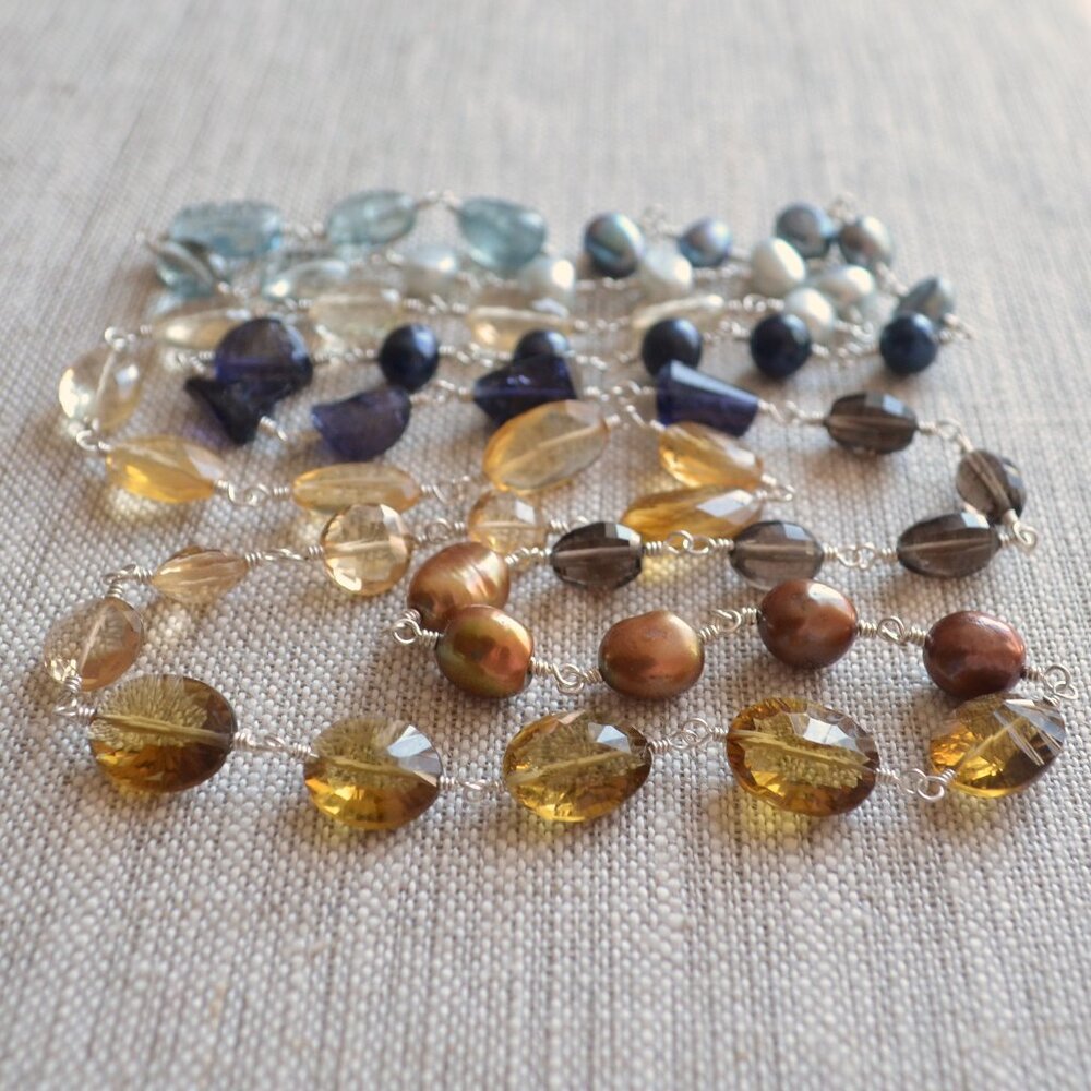 Long Gemstone Necklace in Navy Blue and Brown